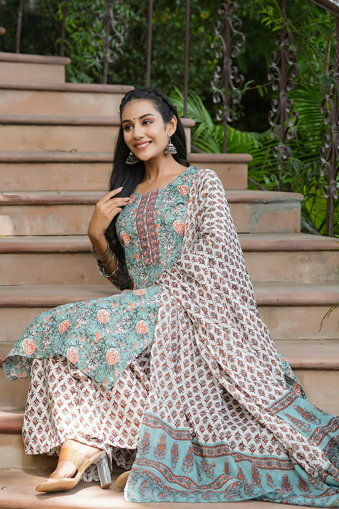 Women's Cotton Printed Kurta Pants And Dupatta Set