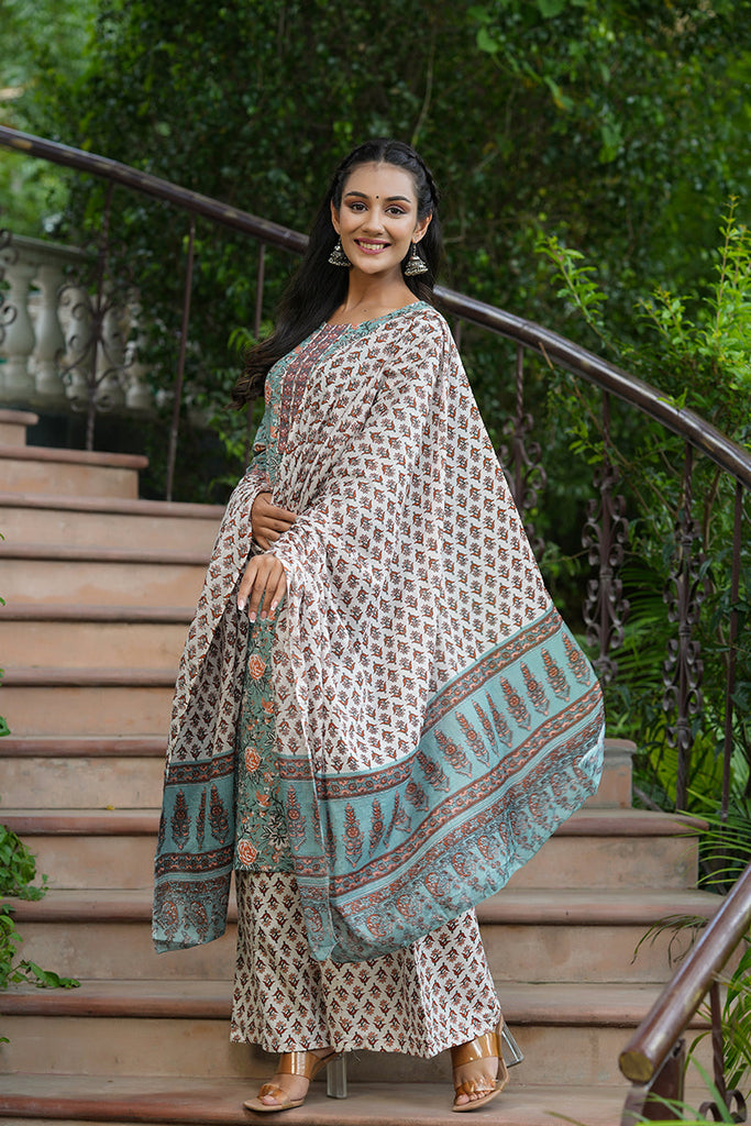 Women's Cotton Printed Kurta Pants And Dupatta Set