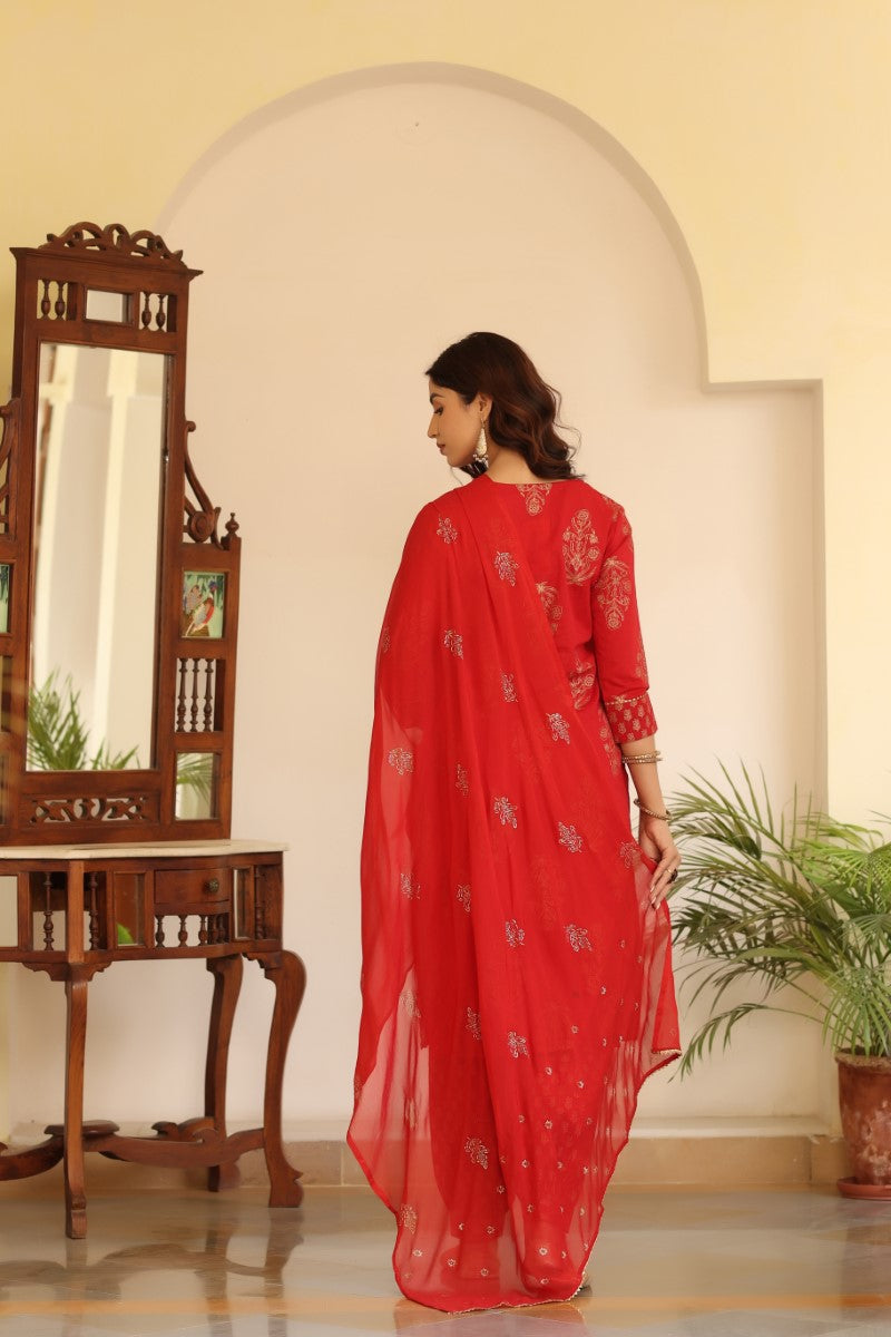 Women's Cotton Red Embroidered Work Straight Kurta Pant Dupatta Set - Ahika