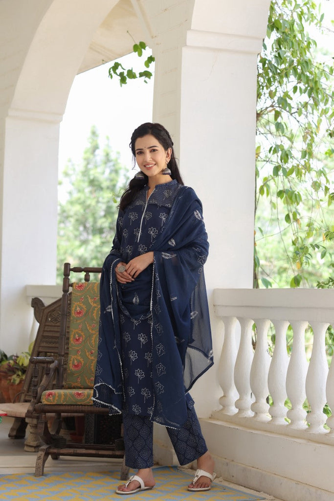 Women's Cotton Printed Kurta Pant Dupatta Set