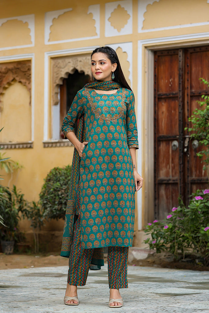 Women's Teal Green Mustard Yellow Printed Cotton Blend Kurta With Pants Dupatta