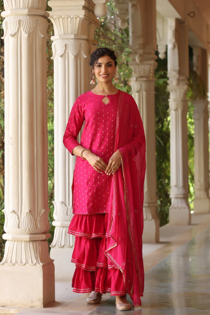 Women's Pink Ethnic Motifs Embroidered Regular Viscose Rayon Kurta With Sharara With Dupatta