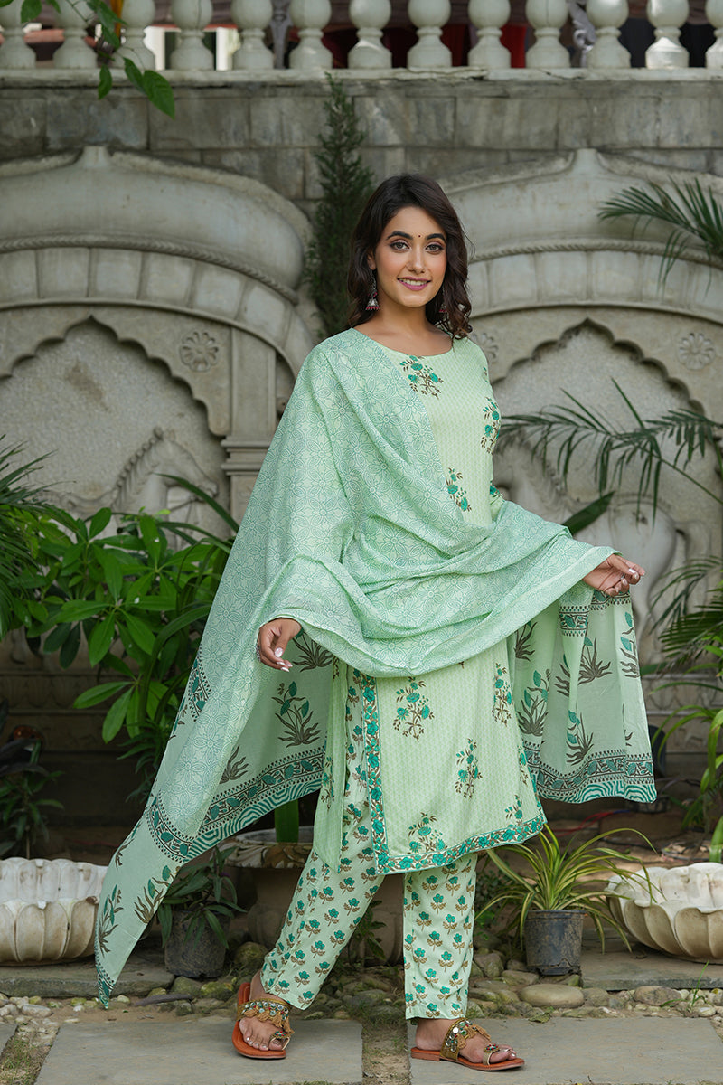 Women's Green Floral Printed Regular Pure Cotton Kurta With Salwar Dupatta - Ahika