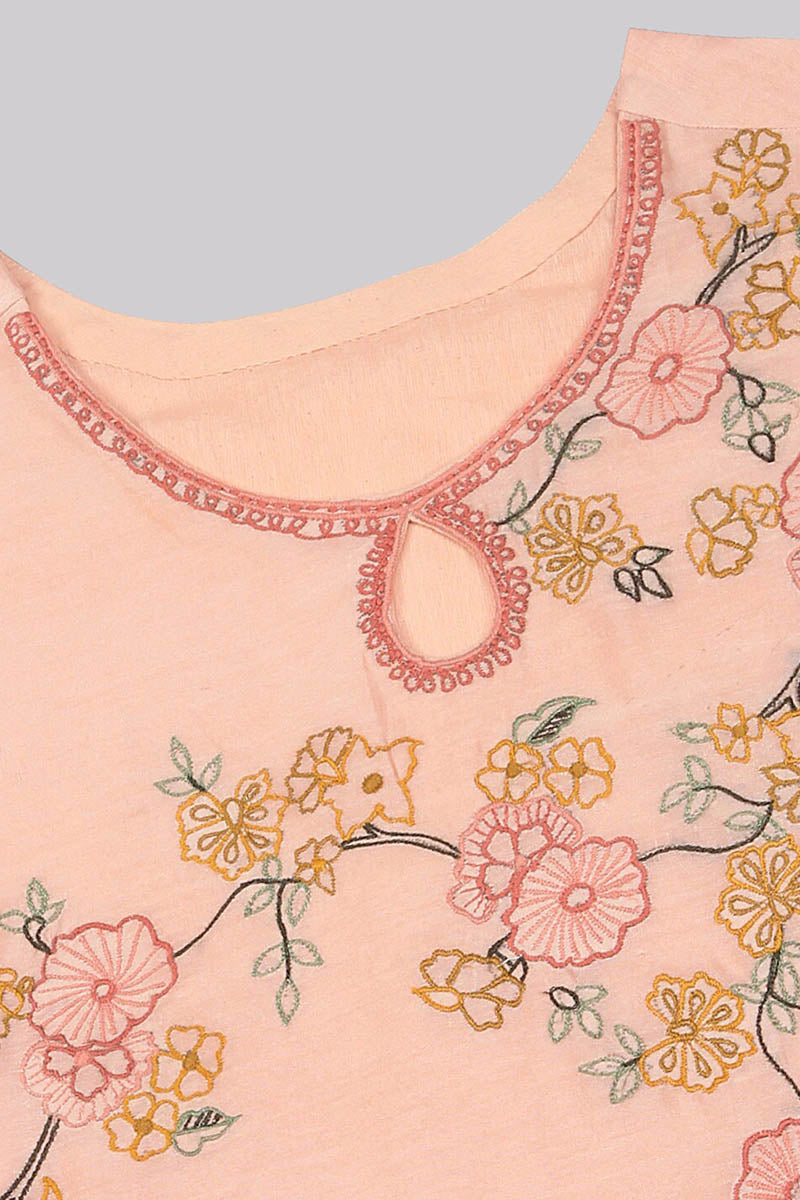 Women's Peach Floral Embroidered Regular Kurti With Pants Dupatta - Ahika