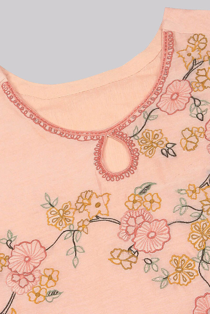Women's Peach Floral Embroidered Regular Kurti With Pants Dupatta