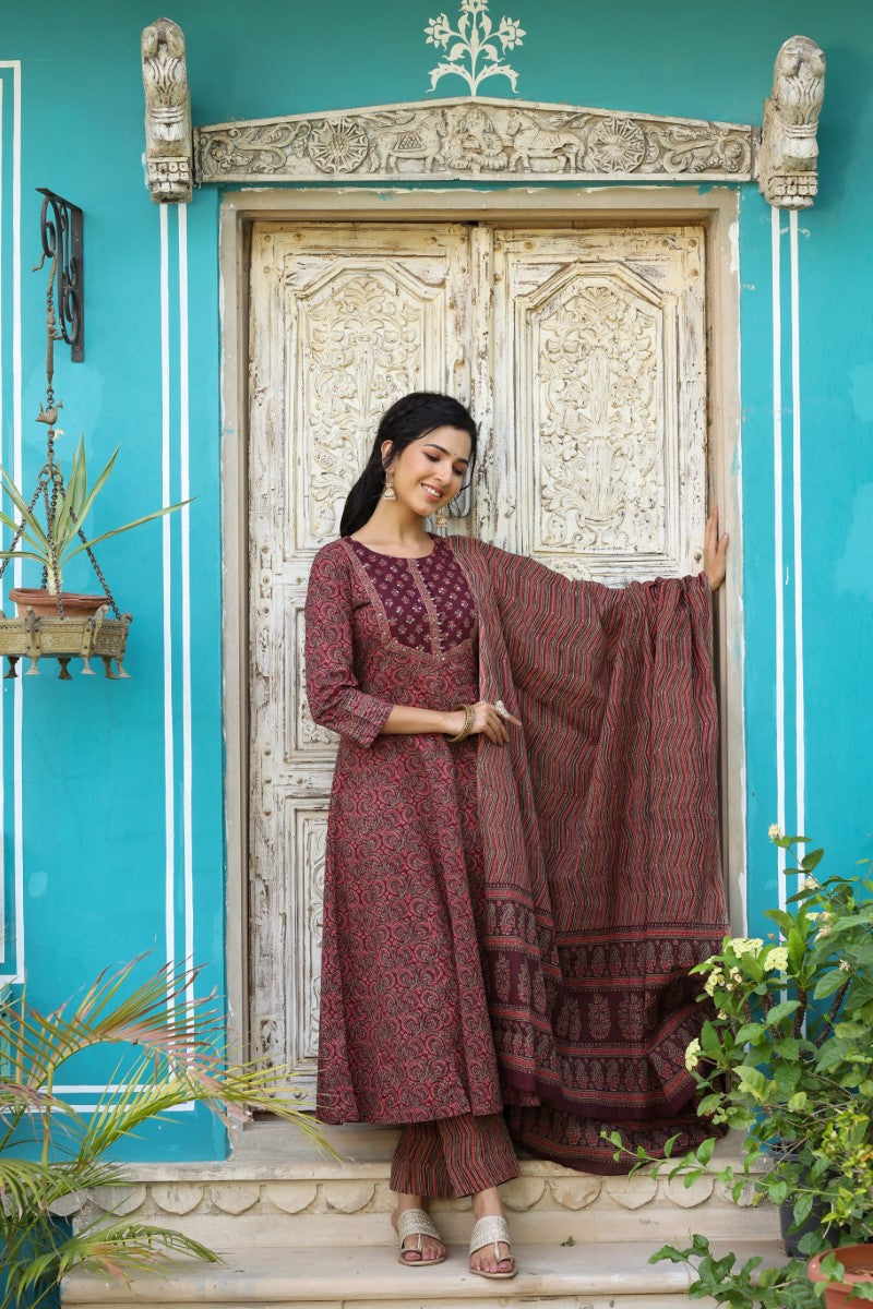 Women Maroon Modal Butti Un Stitched Suit Ethnic Collections