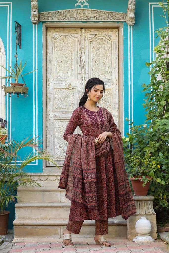 Women's Maroon Ethnic Motifs Printed Regular Cotton Kurta With Pants With Dupatta