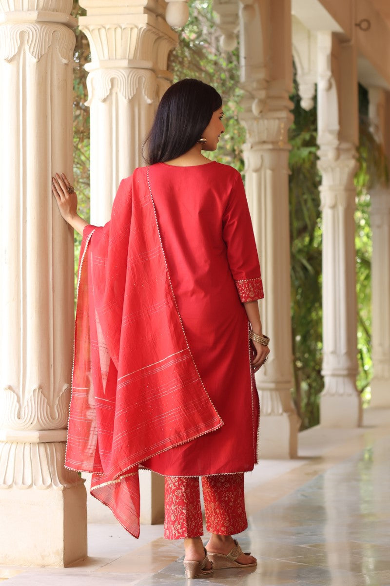Women's Cotton Blend Printed Kurta Pant Dupatta Set - Ahika