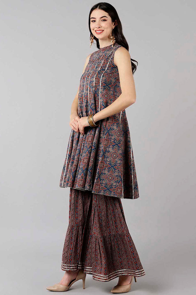 Women's Cotton Printed Kurta Sharara Dupatta Set
