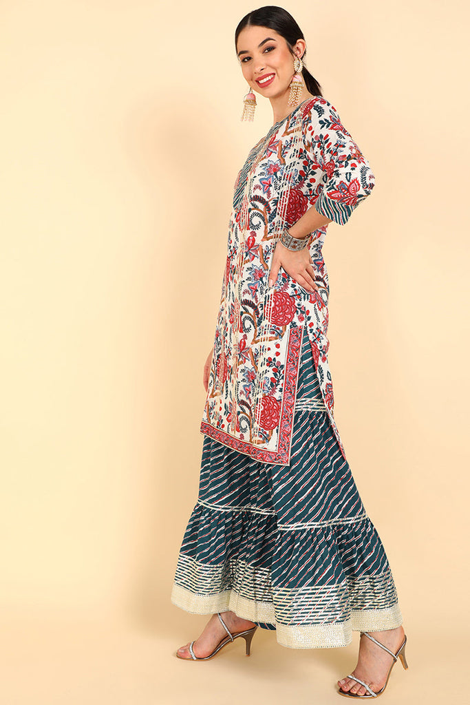Women's Cotton Floral Printed Kurta Sharara With Dupatta Set