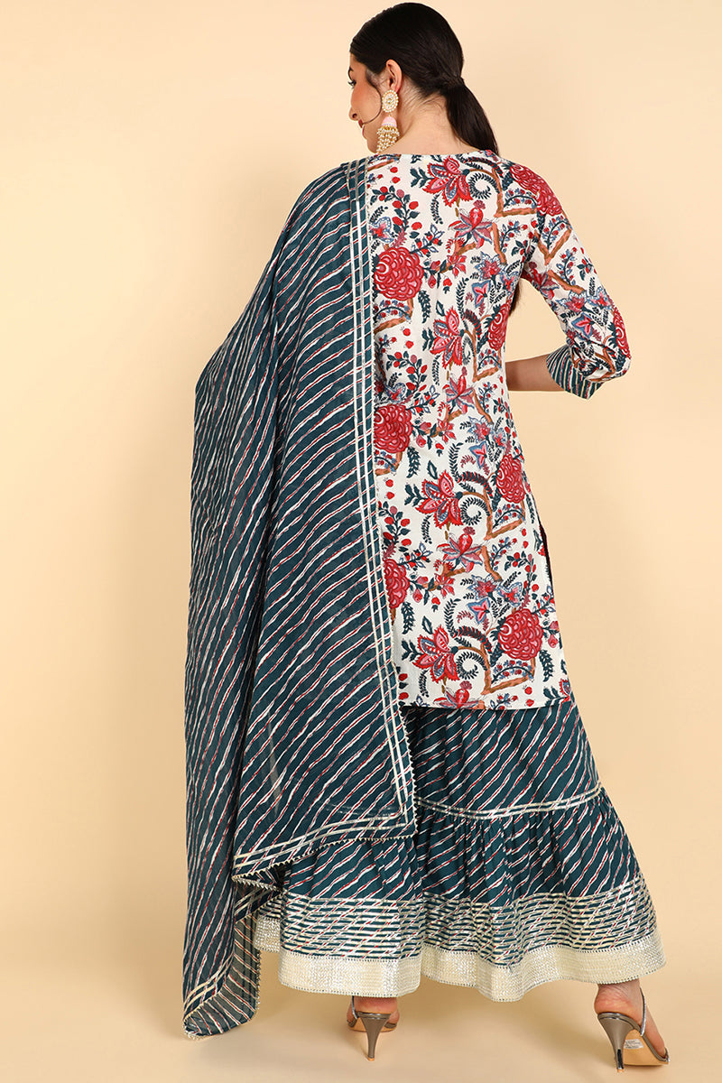 Women's Cotton Floral Printed Kurta Sharara With Dupatta Set  - Ahika