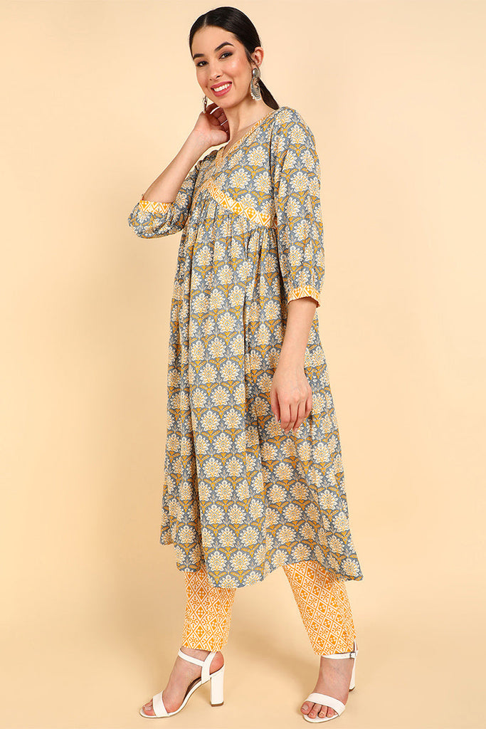 Women's Cotton Floral Printed Kurta Pants With Dupatta Set