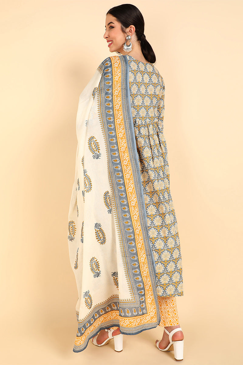 Women's Cotton Floral Printed Kurta Pants With Dupatta Set  - Ahika