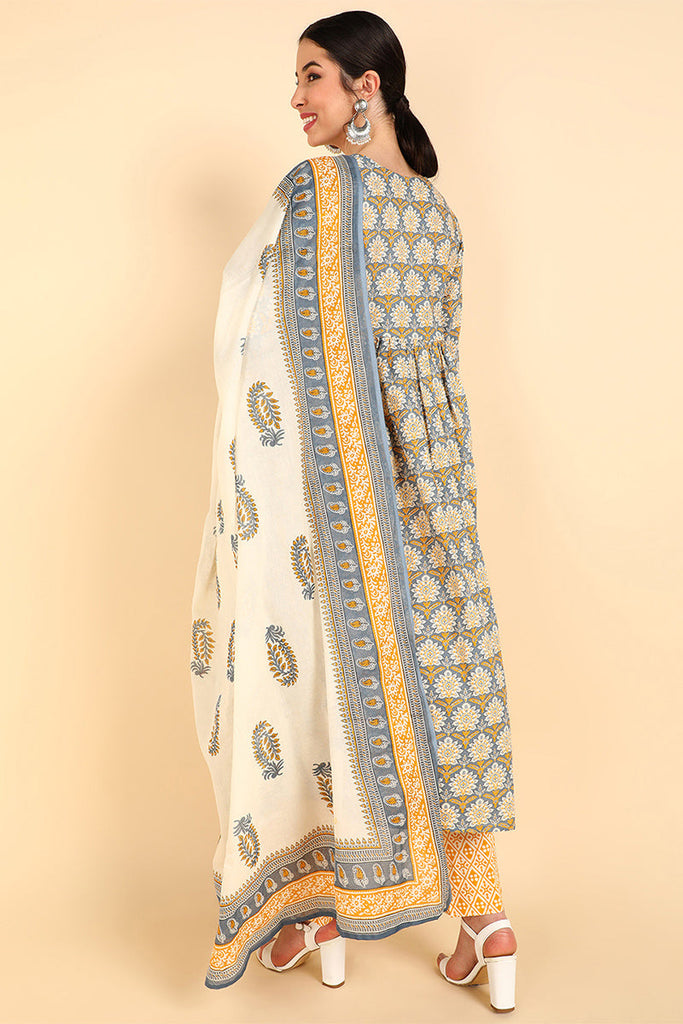 Women's Cotton Floral Printed Kurta Pants With Dupatta Set