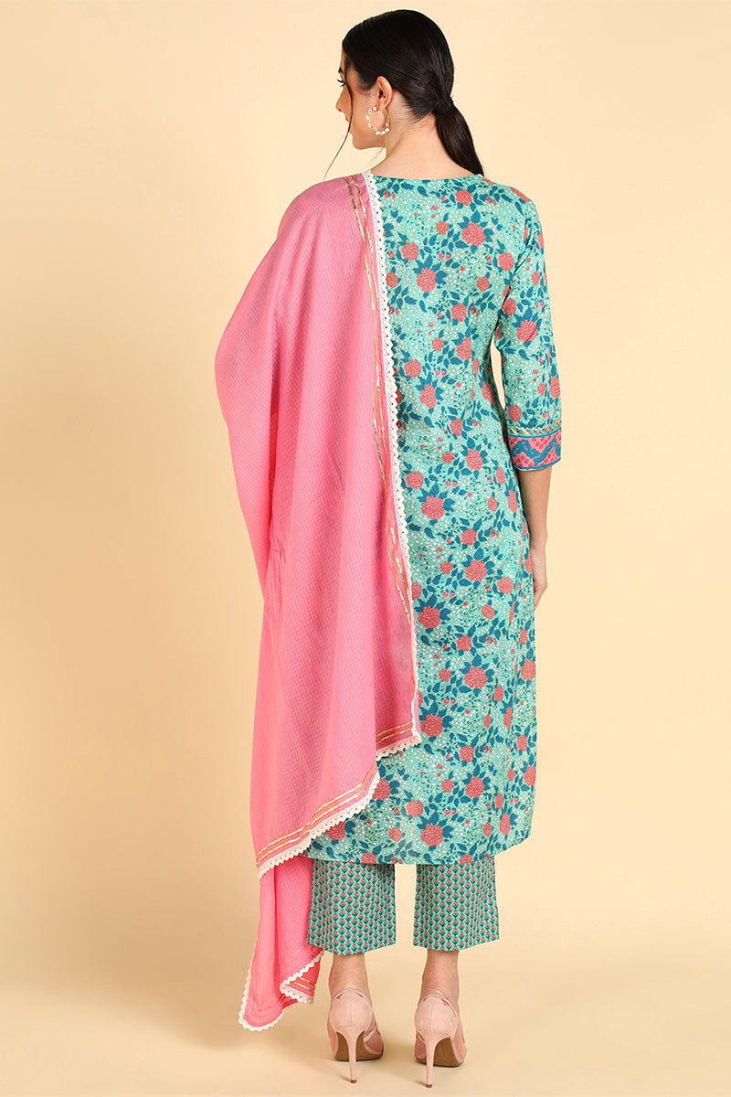 Women's Cotton Floral Printed Kurta Pants With Dupatta Set  - Ahika