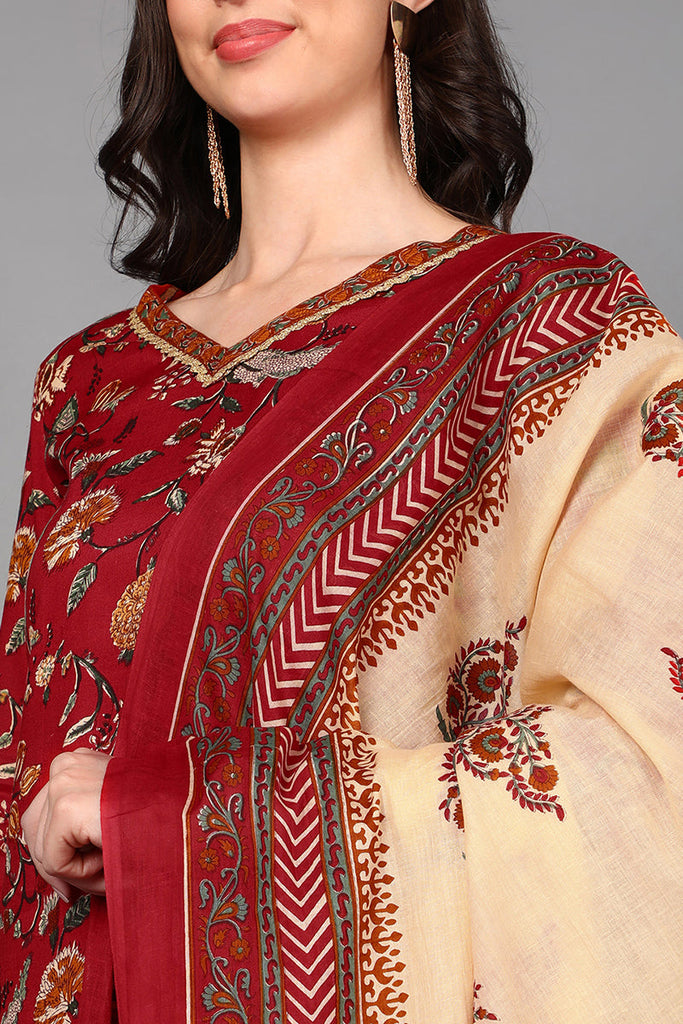 Women's Cotton Floral Printed Kurta Pants Dupatta Set