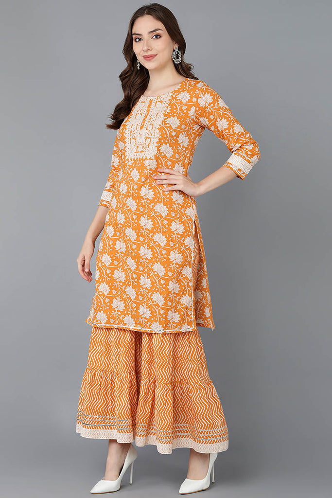 Women's Cotton Embroidered Floral Printed Kurta Sharara With Dupatta