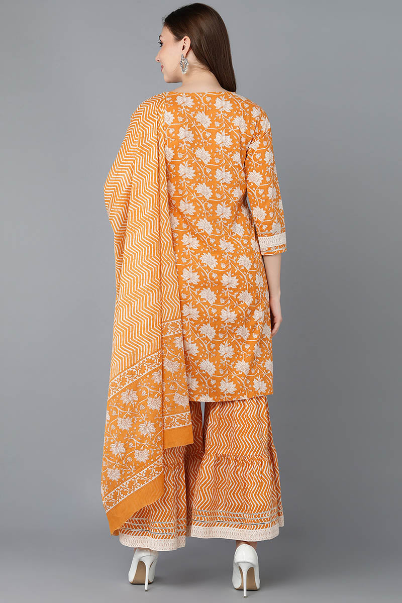 Women's Cotton Embroidered Floral Printed Kurta Sharara With Dupatta - Ahika