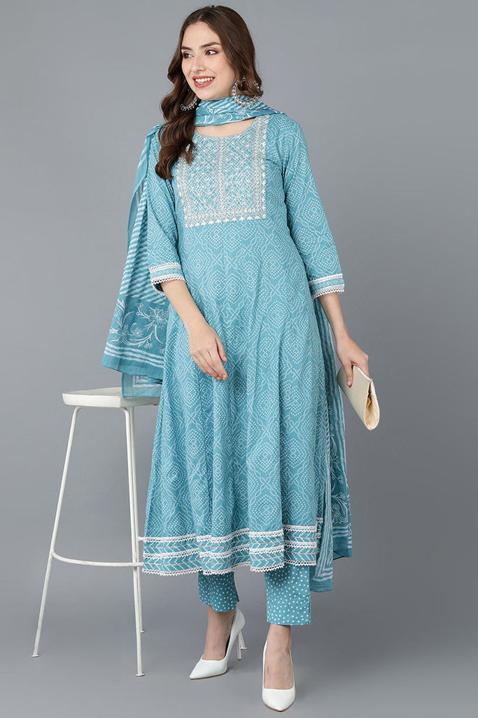 Women's Cotton Blend Embroidered Bandhani Printed Kurta Pant With Dupatta