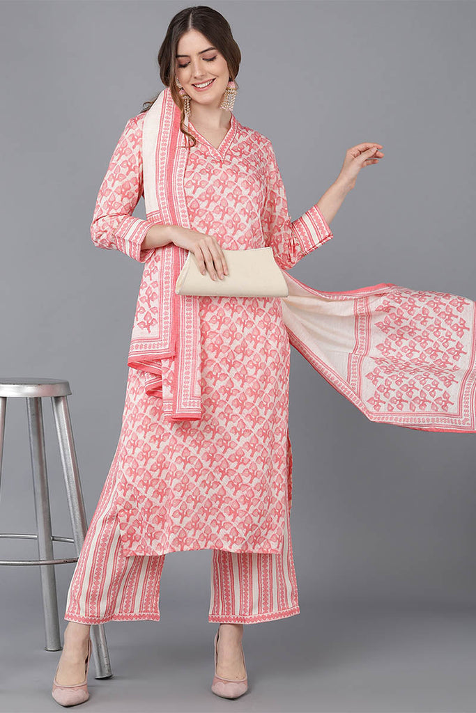 Women's Cotton Blend Gold Printed Kurta Pants With Dupatta