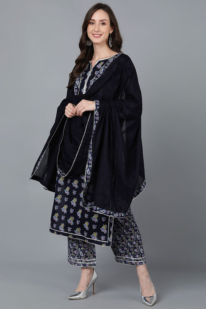 Women's Cotton Floral Printed Kurta Palazzos With Dupatta