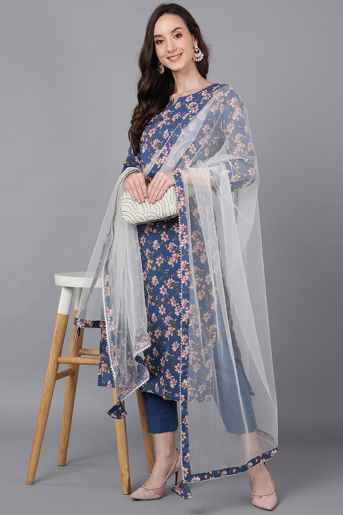 Women's Cotton Blend Floral Printed Kurta Pants With Dupatta