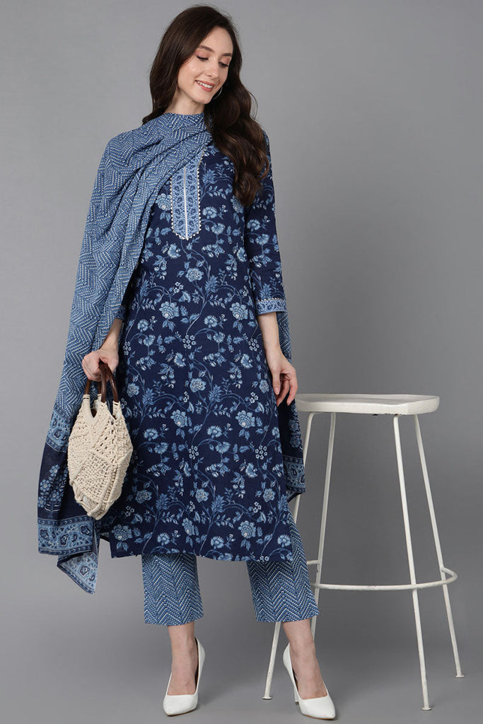 Women's Cotton Blend Floral Kurta Pants With Dupatta