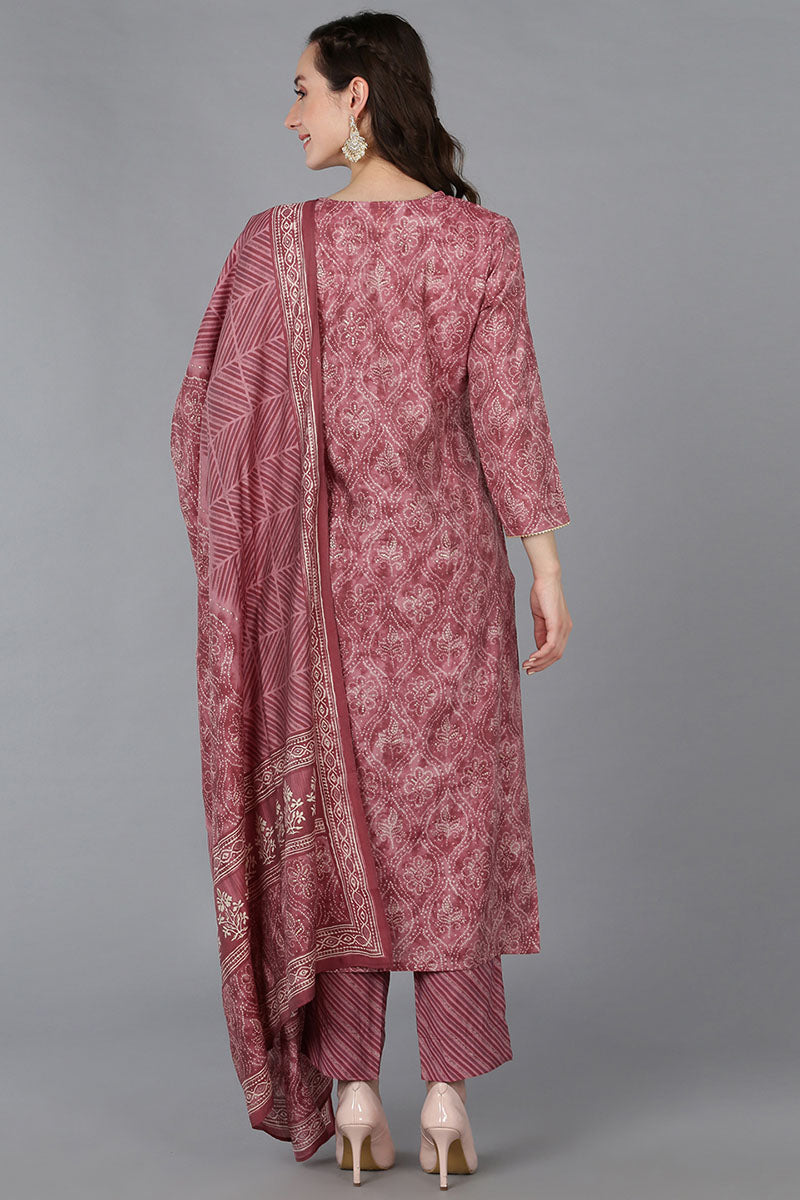 Women's Silk Blend Embroidered Bandhani Printed Kurta Pant With Dupatta - Ahika