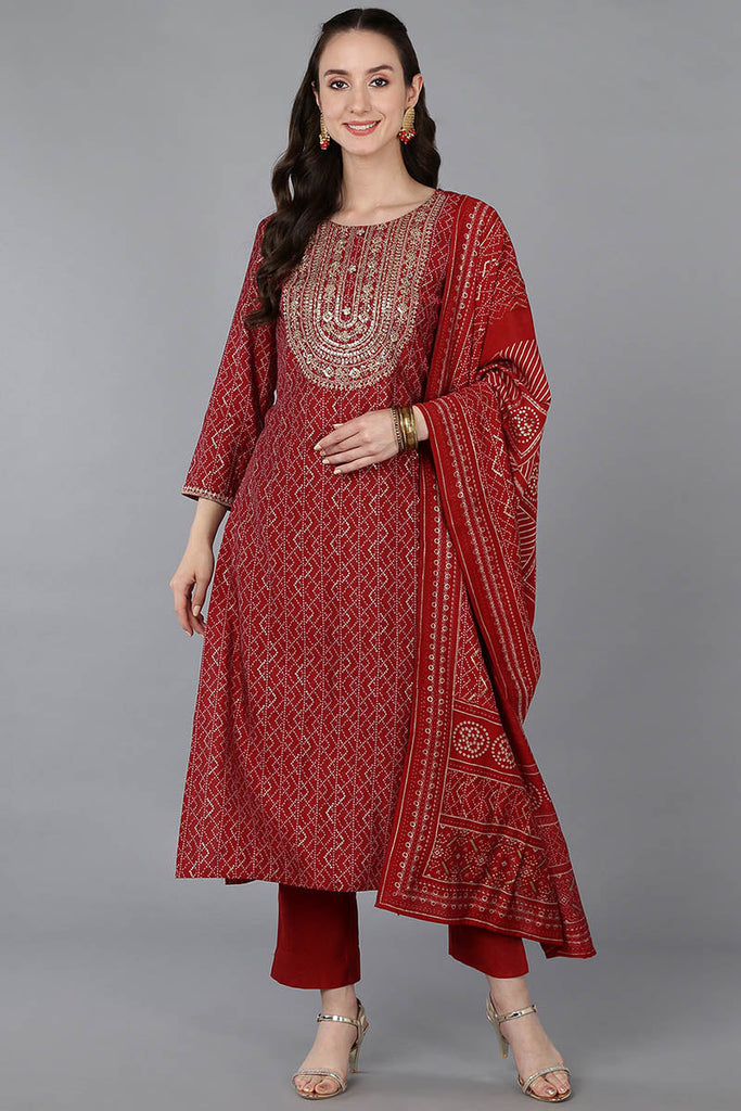 Women's Silk Blend Embroidered Bandhani Printed Kurta Pant With Dupatta
