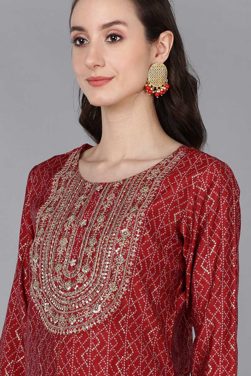 Women's Silk Blend Embroidered Bandhani Printed Kurta Pant With Dupatta - Ahika