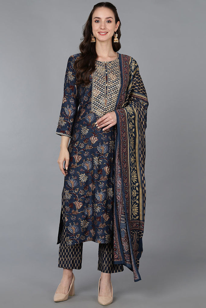 Women's Silk Blend Embroidered Floral Printed Kurta Pant With Dupatta