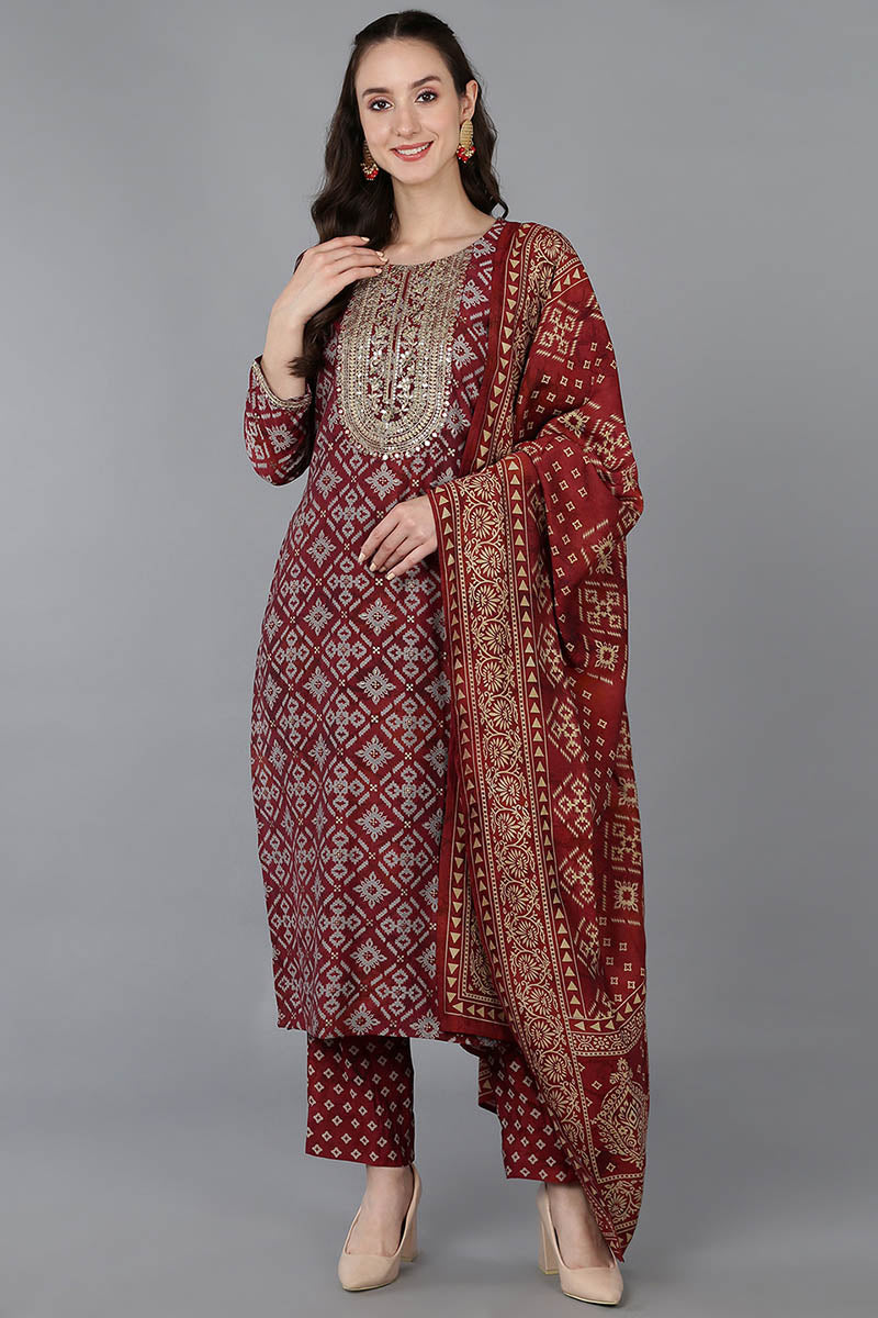 Women's Silk Blend Embroidered Abstract Printed Kurta Pant With Dupatta - Ahika