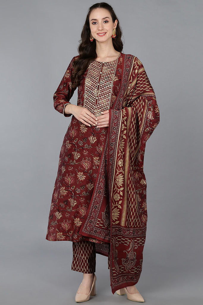 Women's Silk Blend Embroidered Floral Printed Kurta Pant With Dupatta