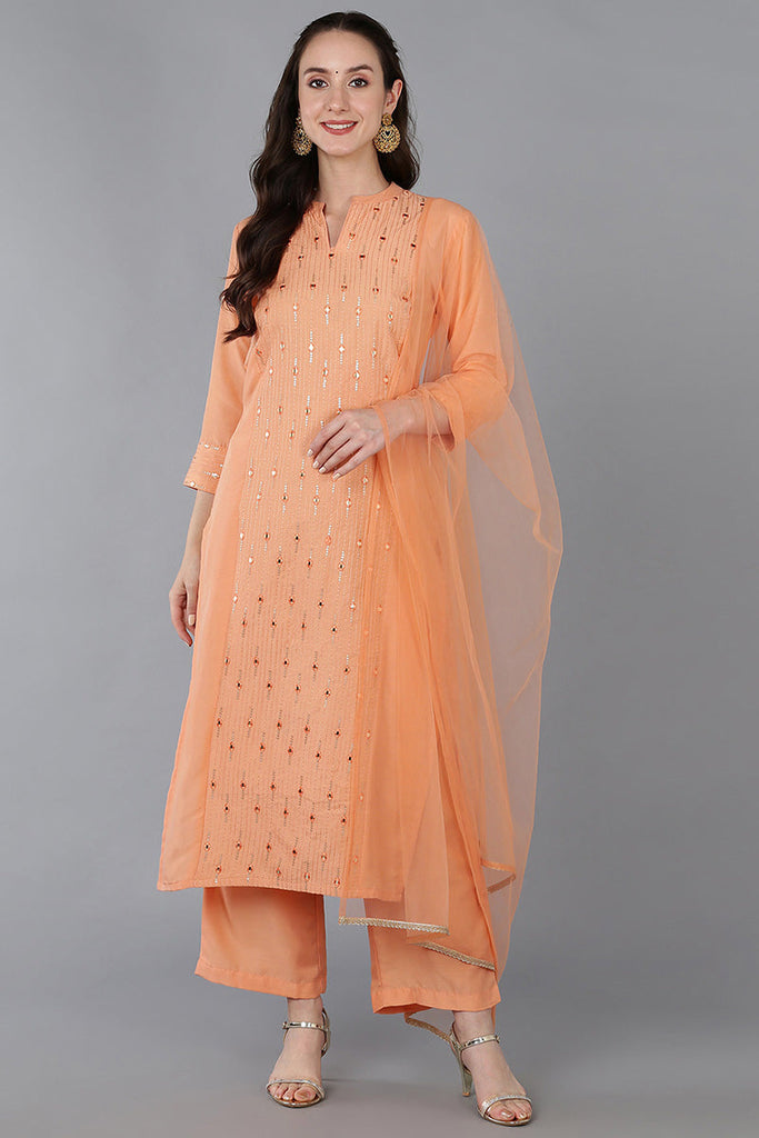 Women's Silk Blend Embroidered Mirror Work Kurta Pant With Dupatta