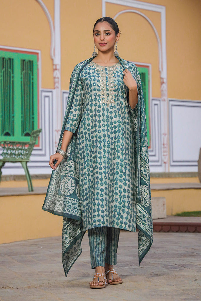 Women's Silk Blend Embroidered Abstract Printed Kurta Pant With Dupatta