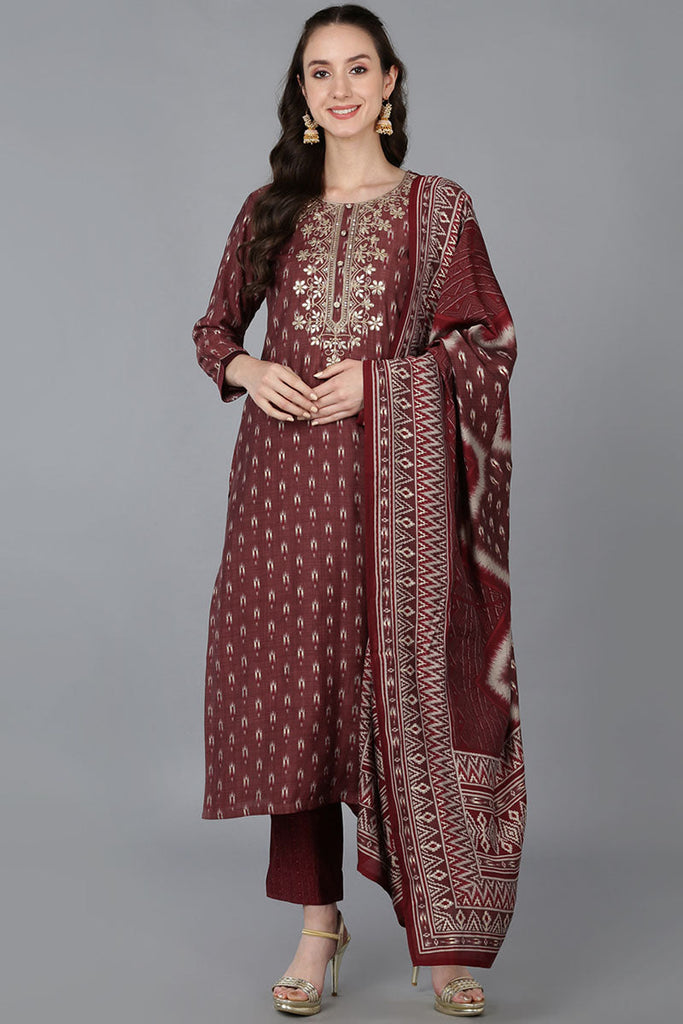 Women's Silk Blend Embroidered Ikat Printed Kurta Pant With Dupatta