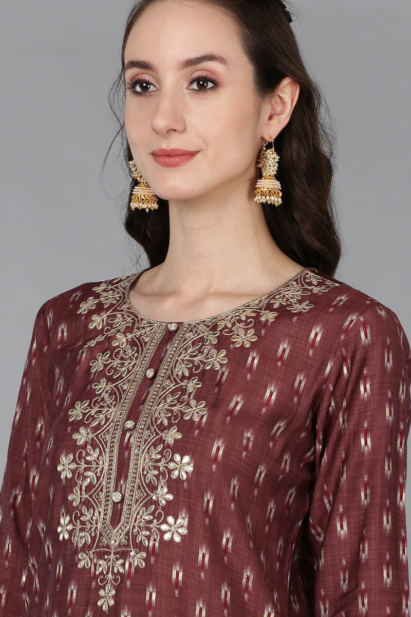 Women's Silk Blend Embroidered Ikat Printed Kurta Pant With Dupatta - Ahika