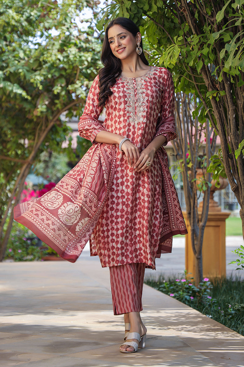 Women's Silk Blend Geometric Printed Kurta Pant With Dupatta - Ahika
