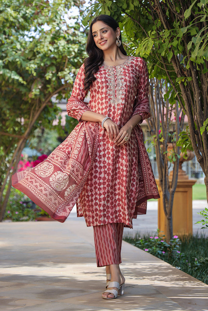 Women's Silk Blend Geometric Printed Kurta Pant With Dupatta