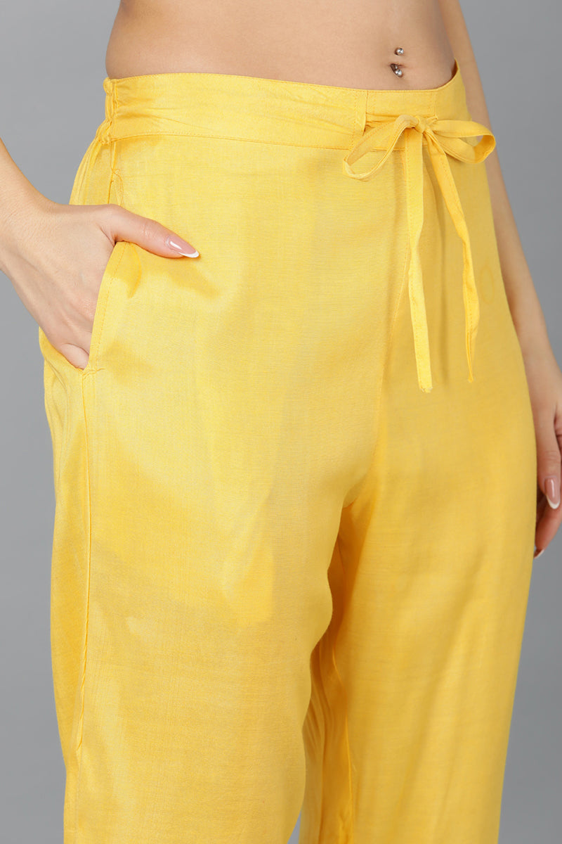 Women's Cotton Blend Yellow Printed Straight Kurta Pant With Dupatta - Ahika