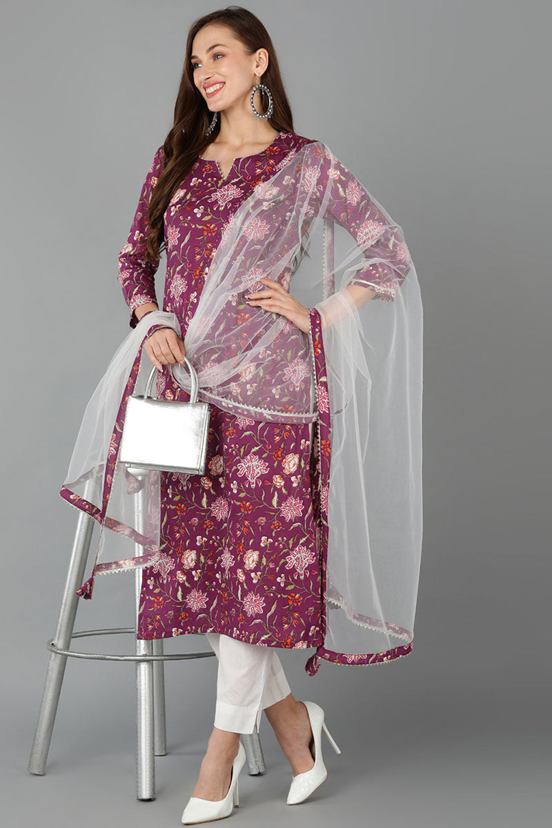 Women's Cotton Blend Printed Floral Kurta Pants With Dupatta - Ahika
