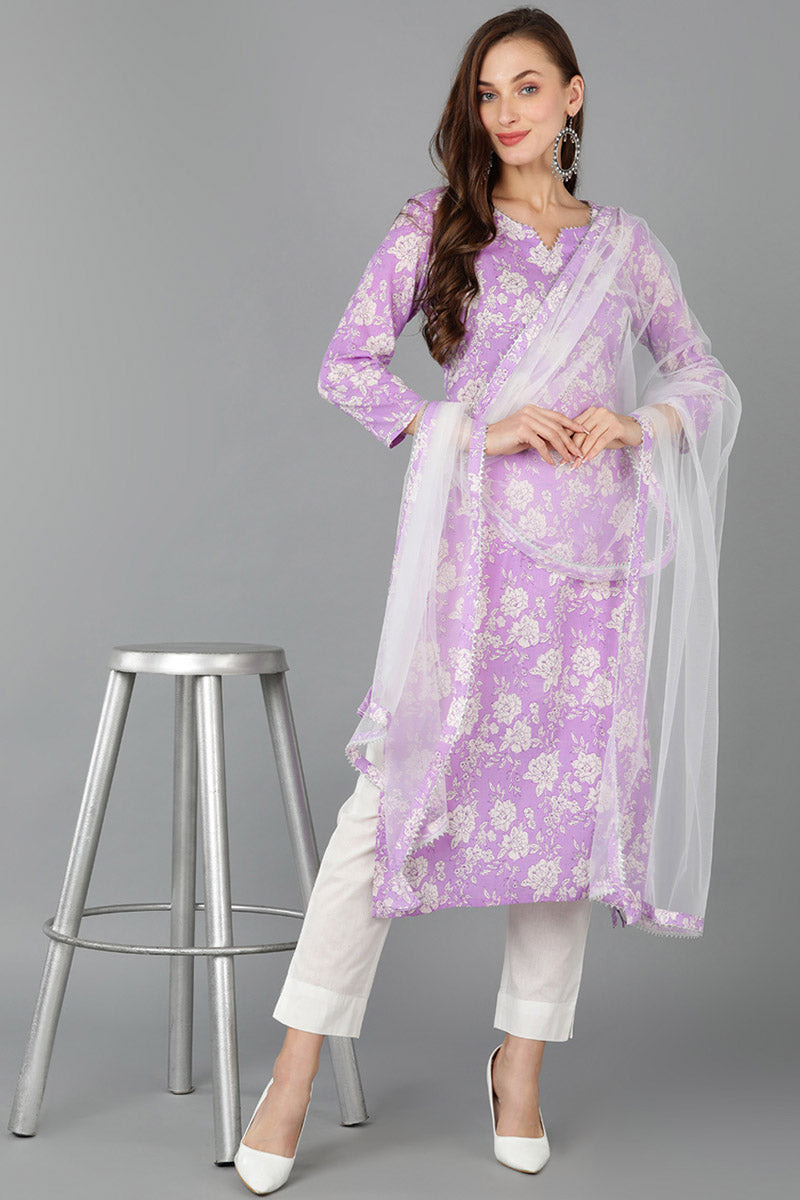 Women's Cotton Blend Printed Floral Kurta Pants With Dupatta - Ahika