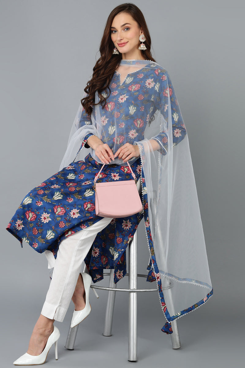 Women's Cotton Blend Floral Printed Kurta Pant With Dupatta - Ahika