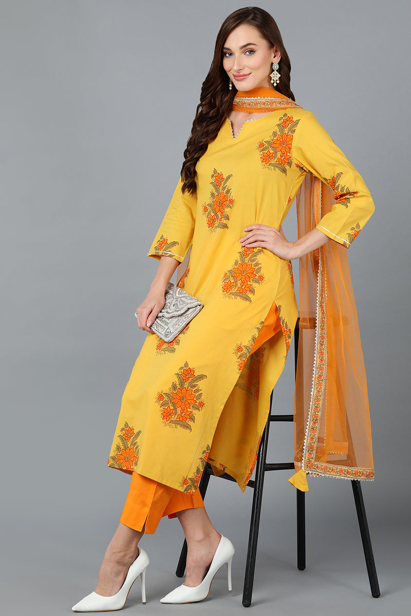 Women's Mustard Orange Cotton Blend Floral Printed Straight Suit Set - Ahika