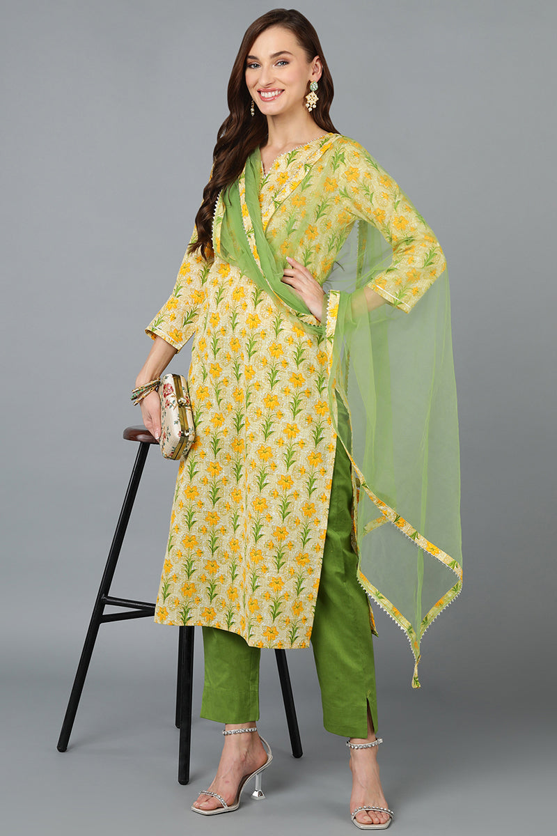 Women's Yellow Green Cotton Blend Floral Printed Straight Suit Set - Ahika