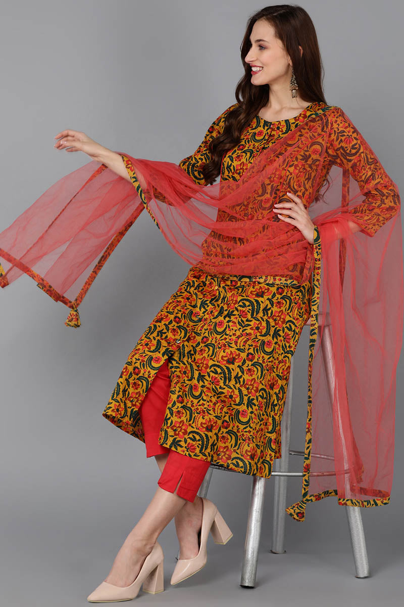 Women's Cotton Blend Floral Printed Kurta Pants With Dupatta - Ahika