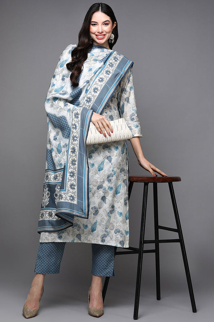 Women's  Poly Chanderi Printed Floral Embroidered Kurta Pants With Dupatta