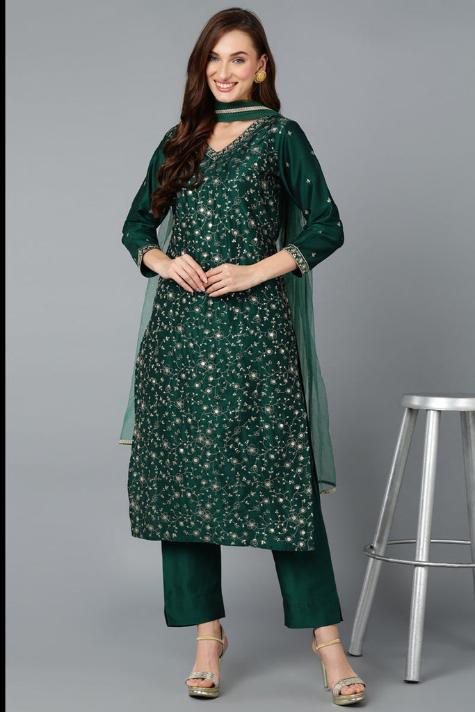 Women's Dark Green Silk Blend Embroidered Party Wear-Ahika
