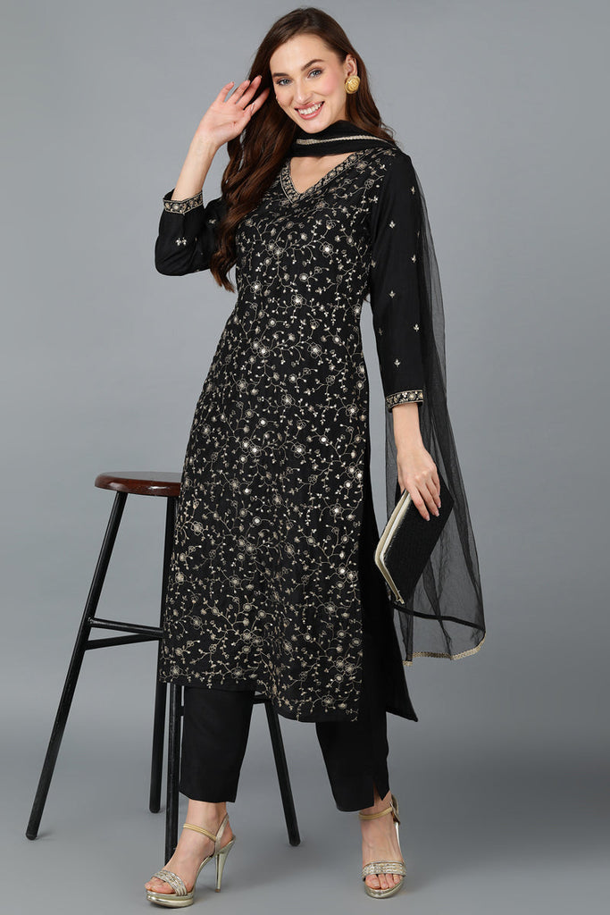 Women's Black Silk Blend Embroidered Party Wear-Ahika