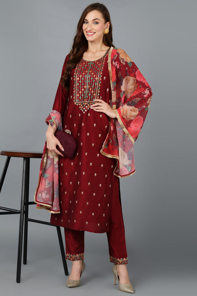 Women's Maroon Silk Blend Embroidered Festive Wear-Ahika